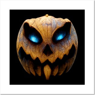 Halloween Evil Pumpkin Head With Scary Blue Eyes Posters and Art